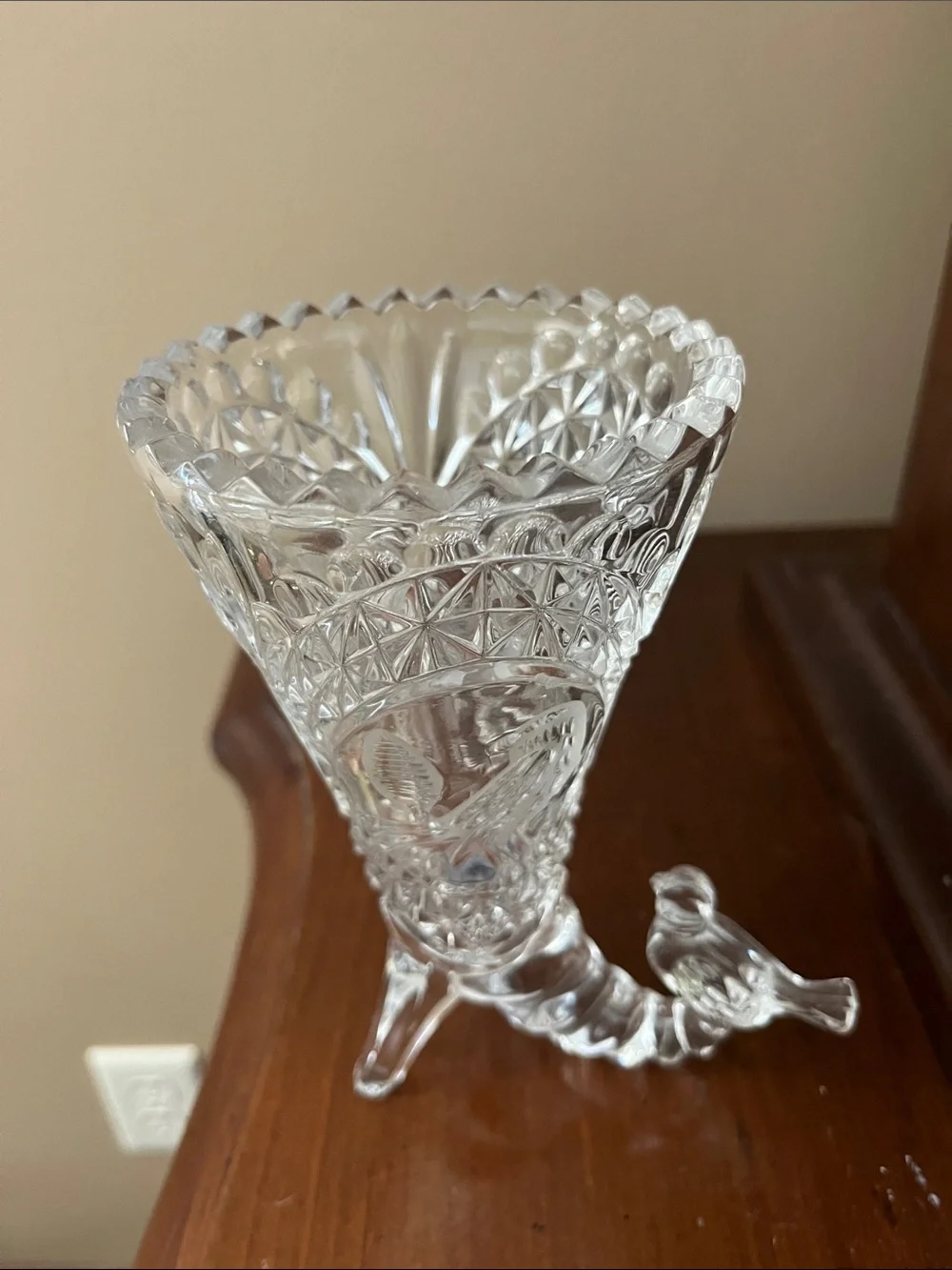 Clear Glass Cornucopia Vase with Bird Accent